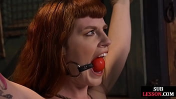 Ball gag ginger fucked in bdsm session before cum on pussy